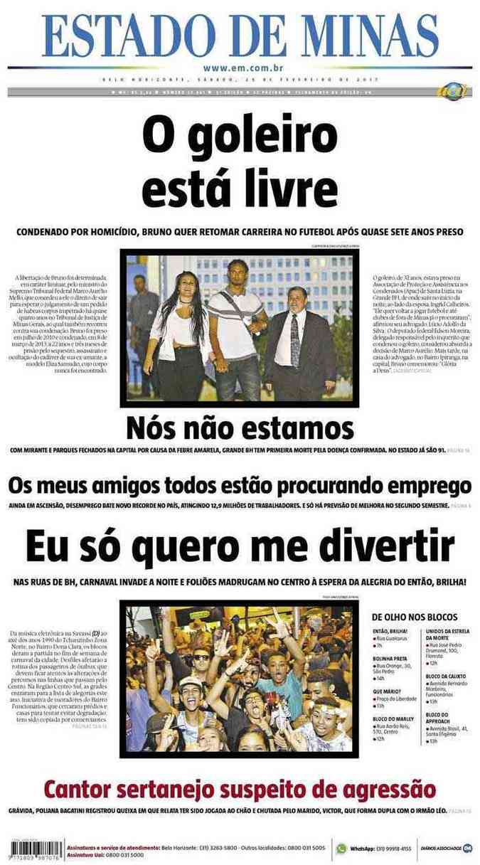 Confira a Capa do Jornal Estado de Minas do dia 25/02/2017