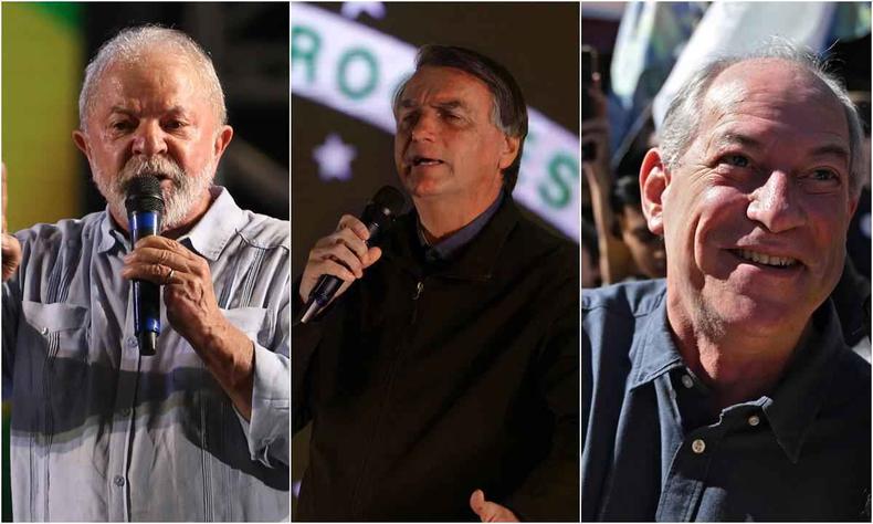 Lula lidera corrida eleitoral; Bolsonaro e Ciro oscilaram dentro da margem de erro(foto: Reprodução/AFP) Montagem com Lula a esquerda, Bolsonaro no centro e ciro a direita