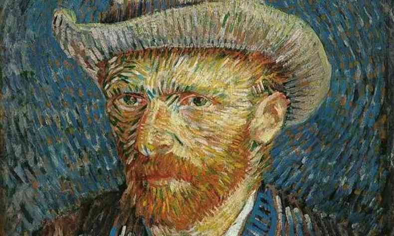 Autorretrato do pintor Van Gogh, que est de lado e usa chapu 
