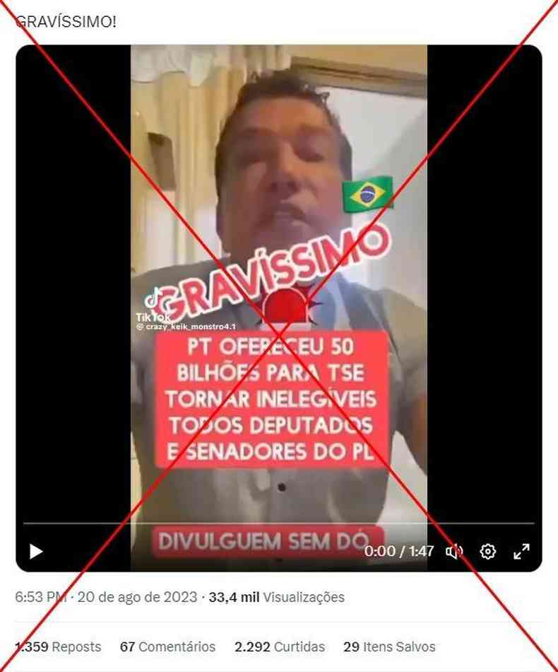 Captura de tela feita em 21 de agosto de 2023 de uma publicao no X (antes Twitter)