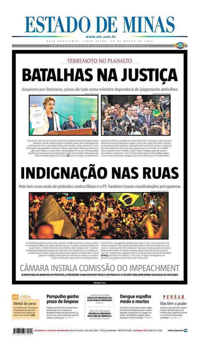 Confira a Capa do Jornal Estado de Minas do dia 18/03/2016