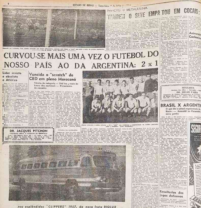 Em 9 de julho de 1957, o Estado de Minas publicava a primeira foto de Pel, em jogo da Seleo contra a Argentina(foto: Reproduo)