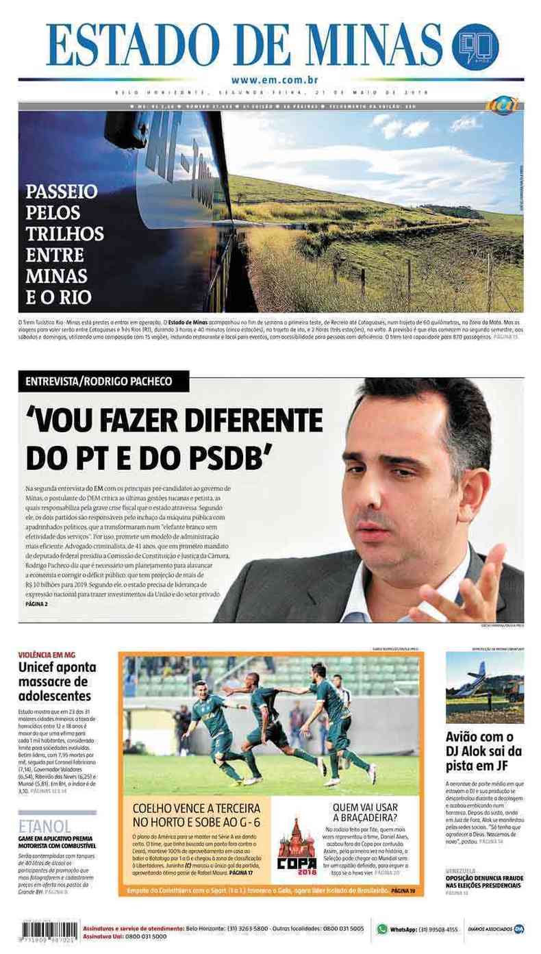 Confira a Capa do Jornal Estado de Minas do dia 21/05/2018