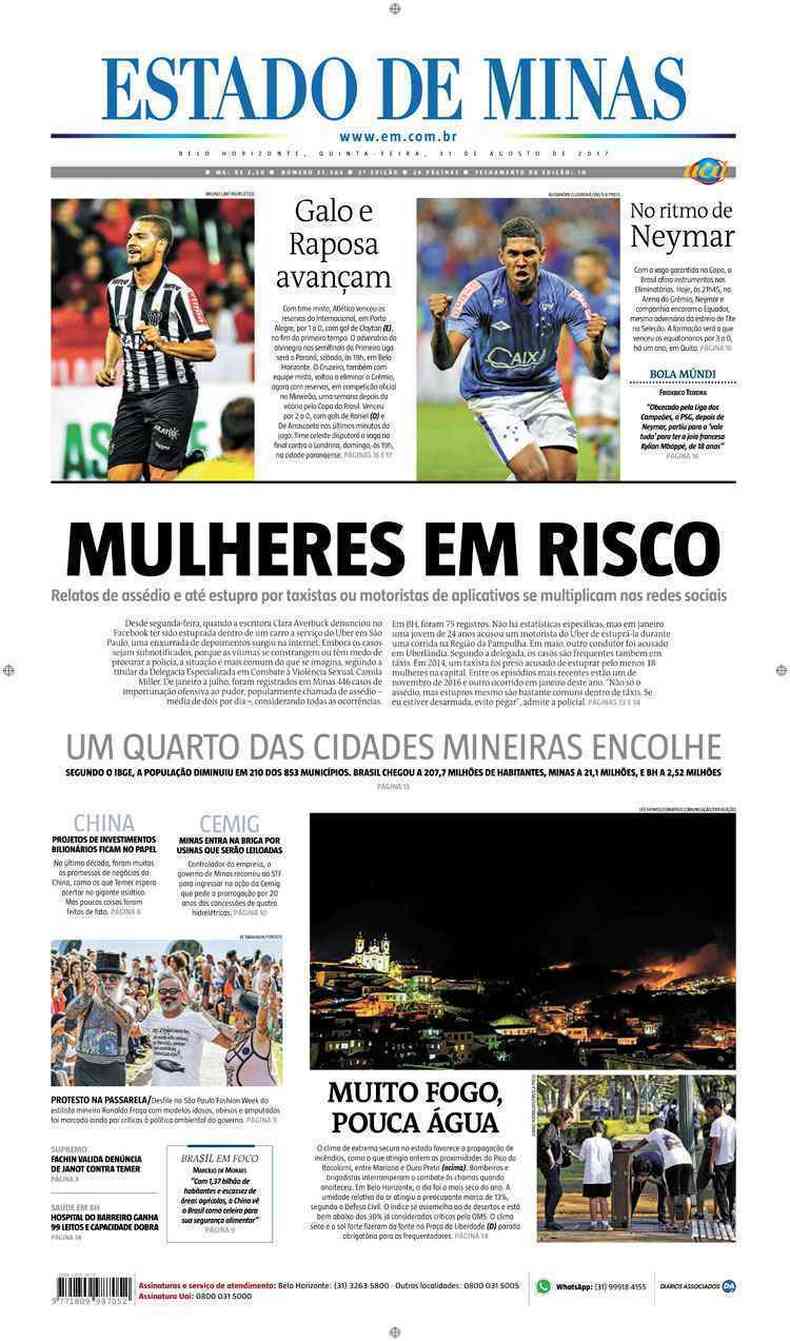 Confira a Capa do Jornal Estado de Minas do dia 31/08/2017