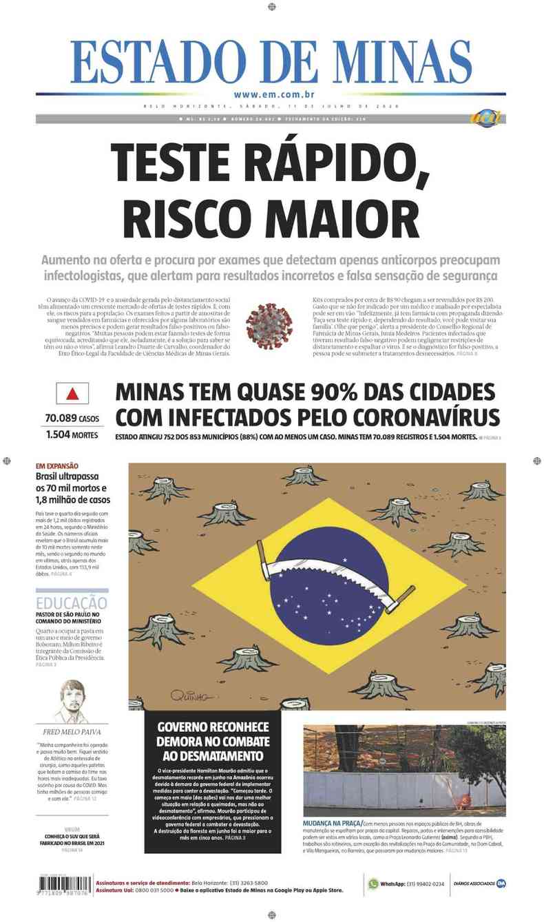 Confira a Capa do Jornal Estado de Minas do dia 11/07/2020(foto: Estado de Minas)