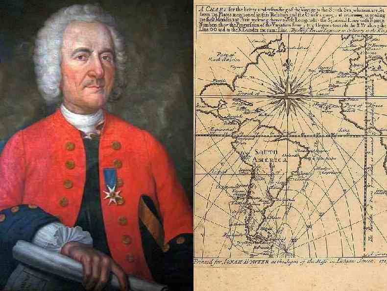 Frzier e o frontispcio de seu livro 'Uma viagem ao Mar do Sul e ao longo das costas do Chile e do Peru, nos anos de 1712, 1713 e 1714'