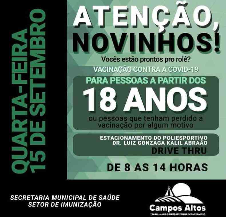 Publicação da prefeitura convoca 'novinhos' a se imunizar contra a COVID em Campos Altos(foto: Prefeitura de Campos Altos/Divulgação)