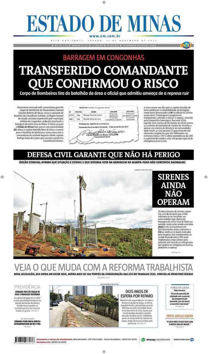 Confira a Capa do Jornal Estado de Minas do dia 11/11/2017