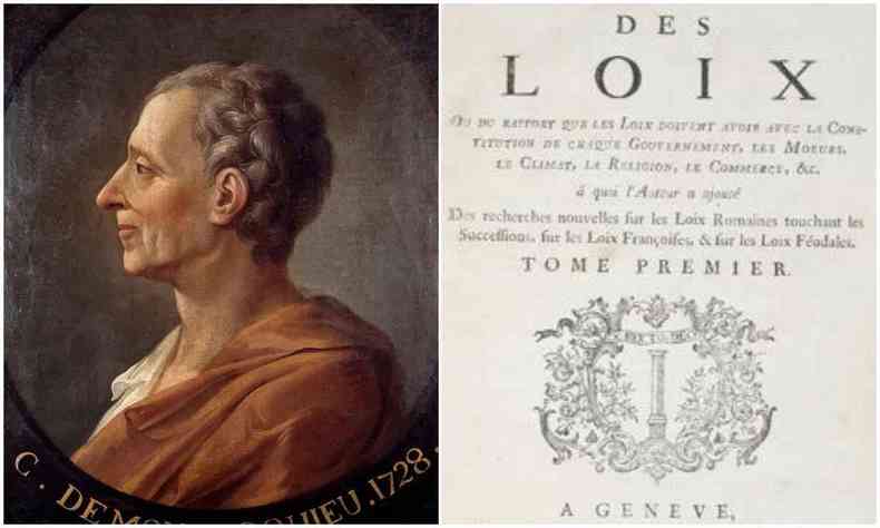 Do lado esquerdo da foto tem o busto do filósofo francês Montesquieu, do direito vemos a cópia original do 'Espirito das Leis' onde ele se debruça sobre o tema dos três poderes. 