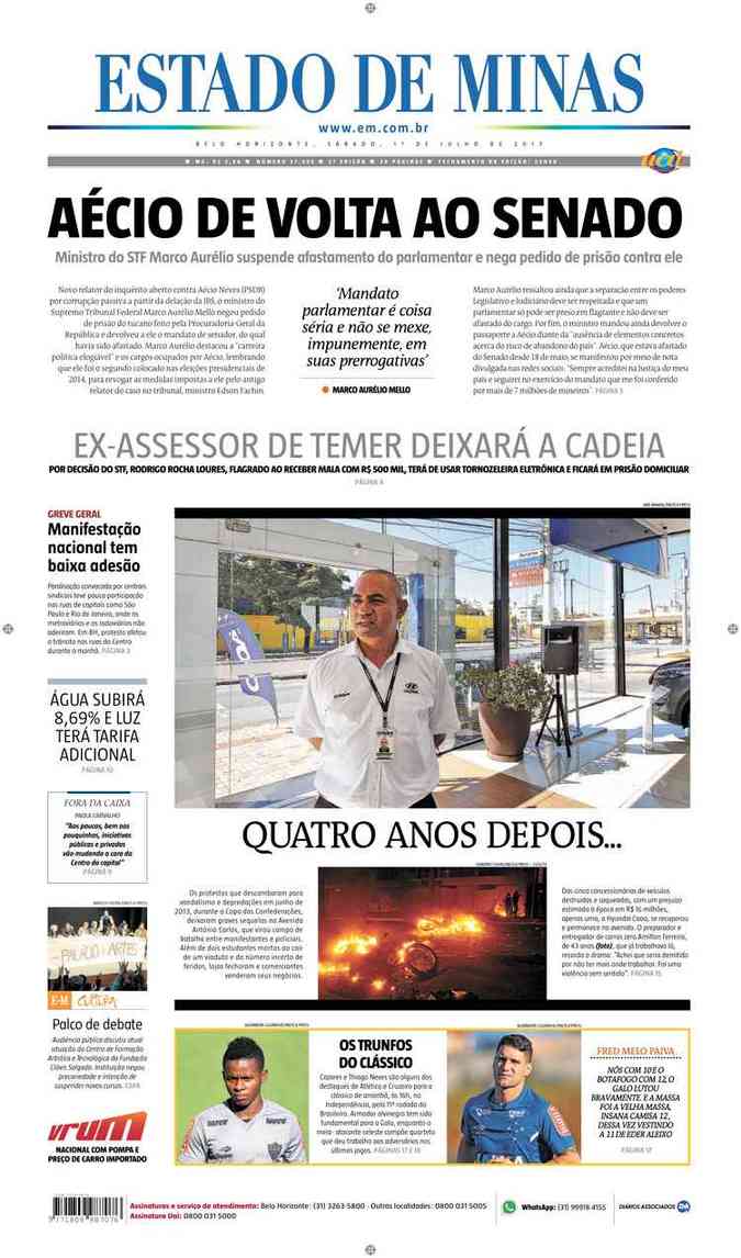 Confira a Capa do Jornal Estado de Minas do dia 01/07/2017