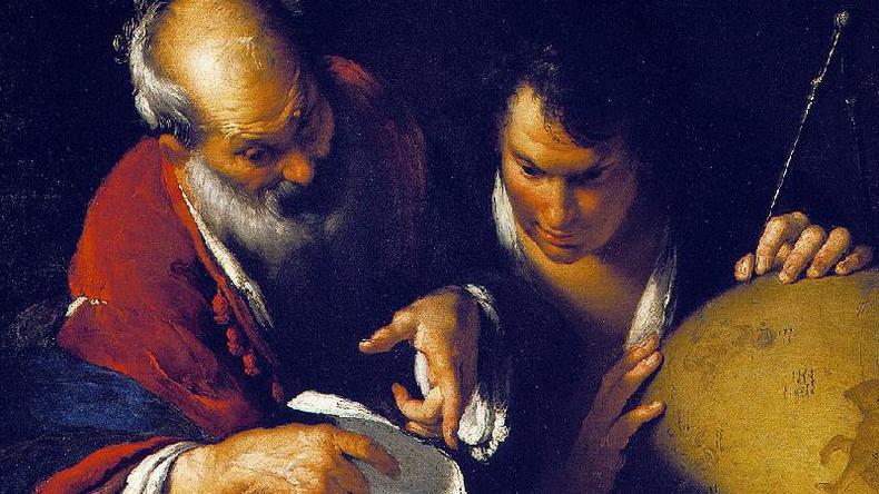 Eratstenes ensinando em Alexandria, em pintura feita por Bernardo Strozzi, no sculo 17