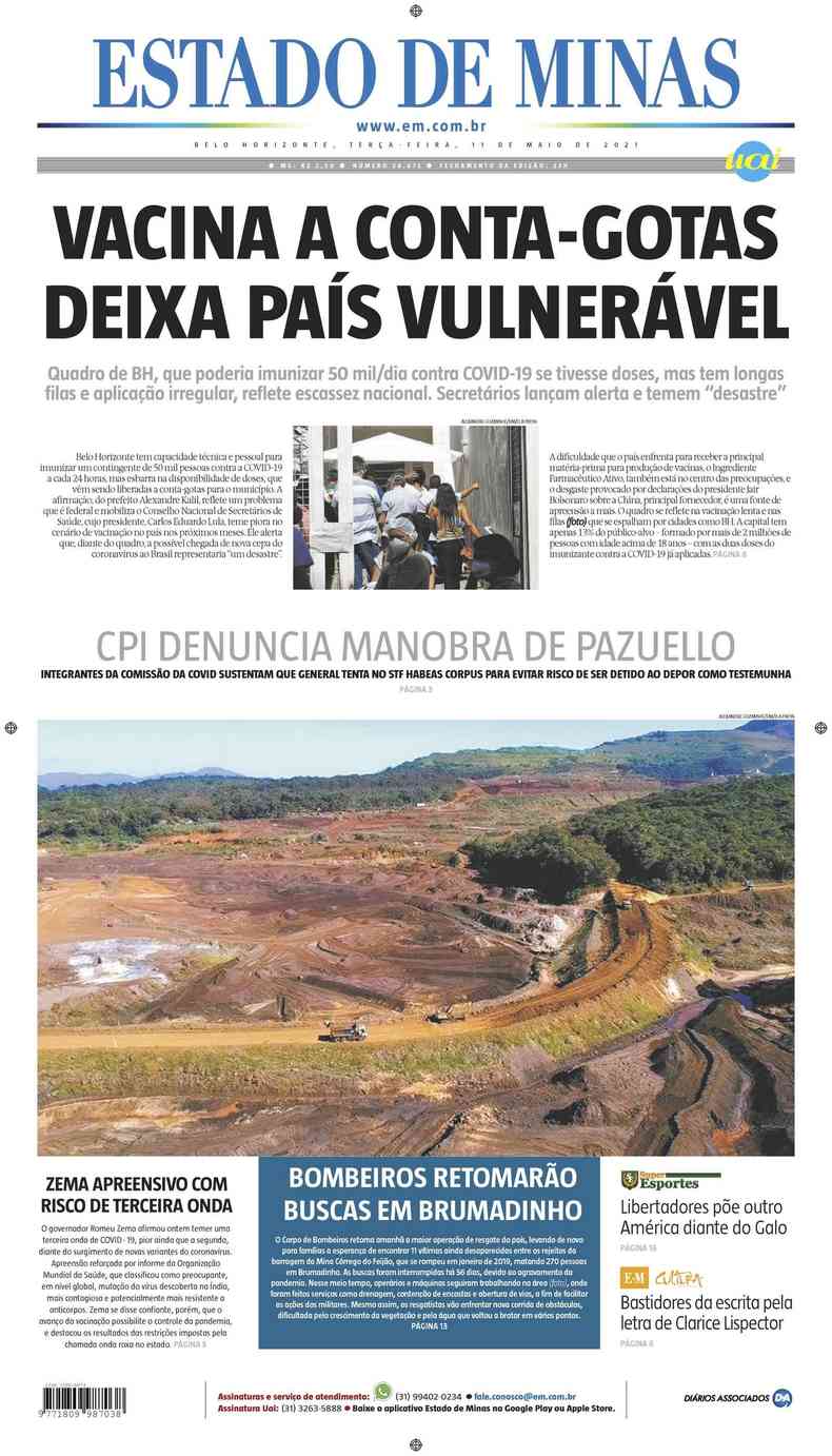 Confira a Capa do Jornal Estado de Minas do dia 11/05/2021(foto: Estado de Minas)