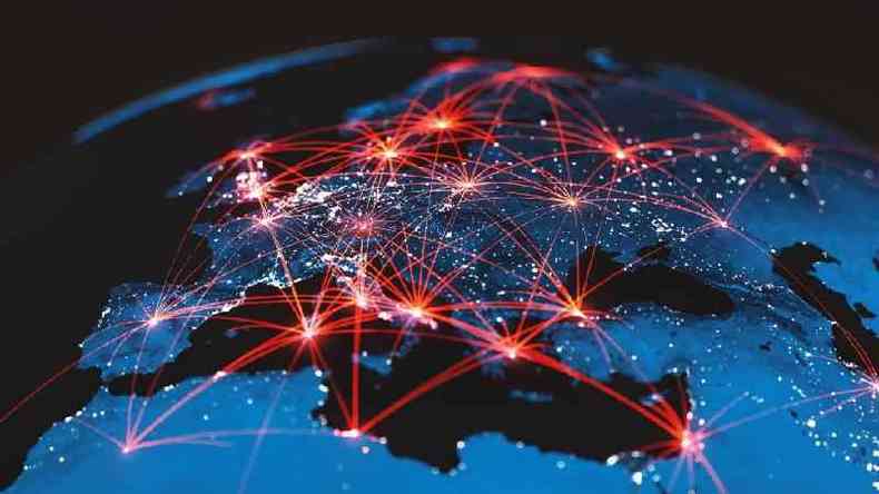 Ilustração de redes de comunicação global que atingem diferentes partes do planeta