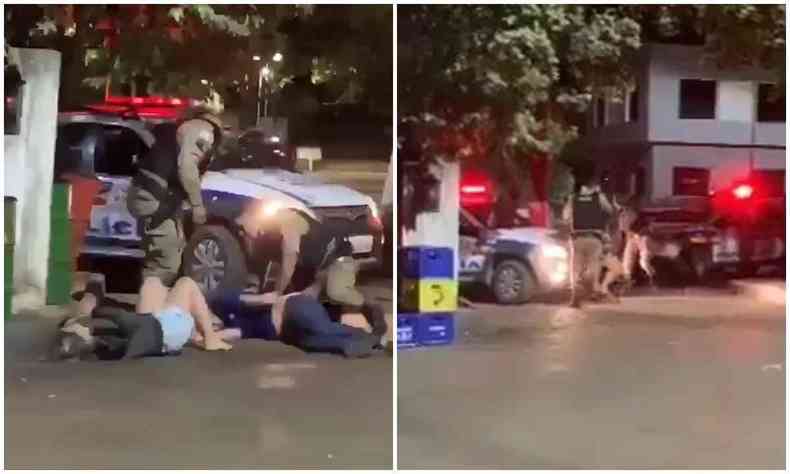 Dois policiais agredindo um jovem de 23 anos e a namorada dele, de 18