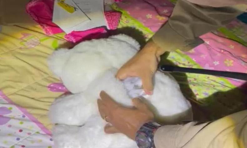 Policial abrindo o urso de pelcia