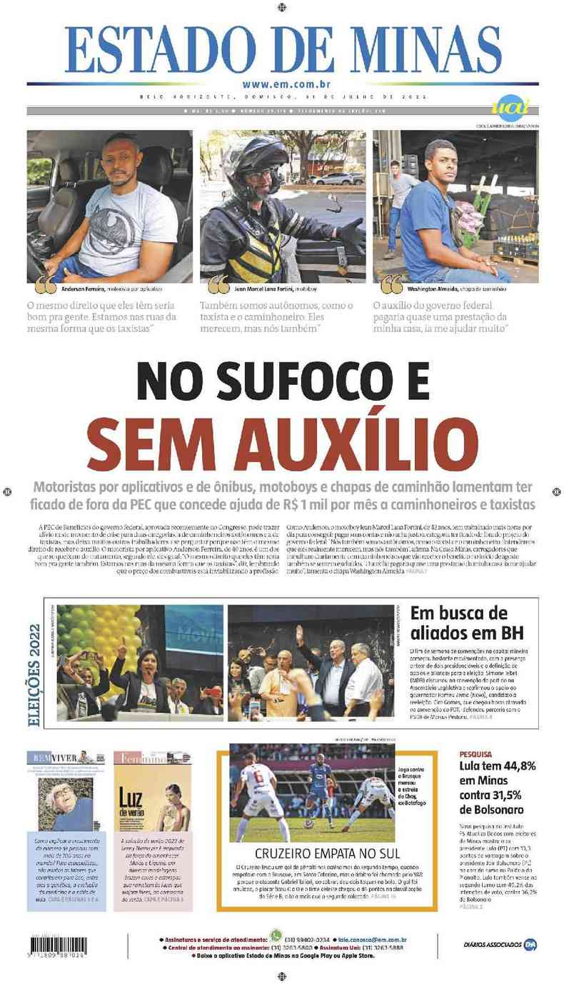 Confira a Capa do Jornal Estado de Minas do dia 31/07/2022