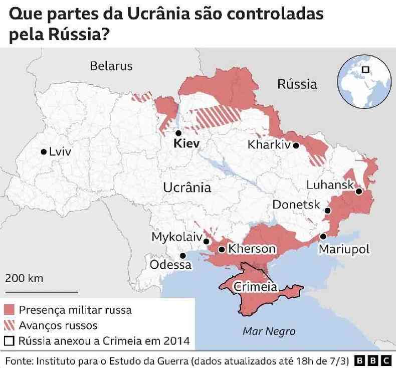 Mapa mostra as partes da Ucrnia atualmente controladas pela Rssia