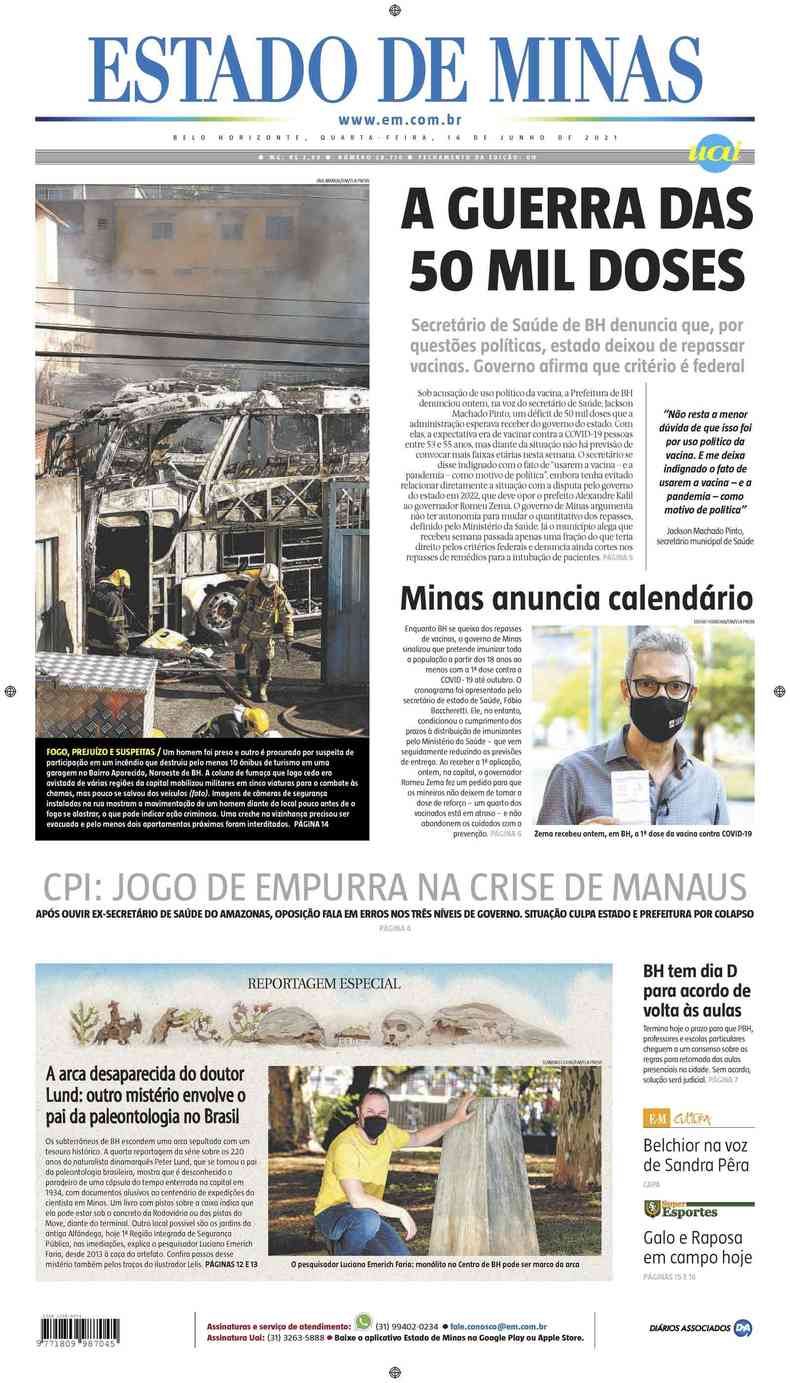 Confira a Capa do Jornal Estado de Minas do dia 16/06/2021(foto: Estado de Minas)