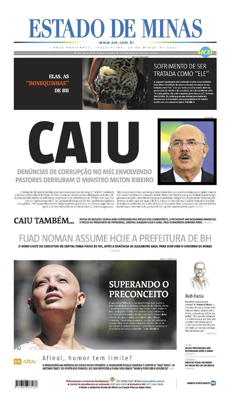 Confira a Capa do Jornal Estado de Minas do dia 29/03/2022