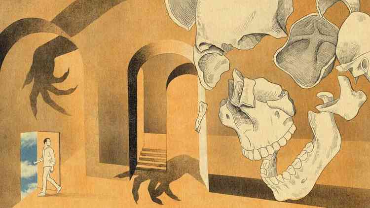 Ilustrao representando sonho, com um homem saindo por uma porta que sai no cu, uma caveira despedaada e sombras de monstros nas paredes