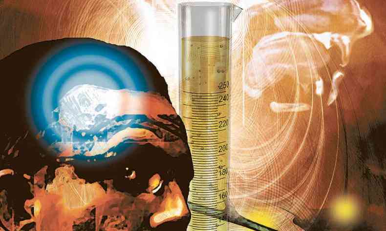 Ilustração de Valf mostra rosto de homem, tendo ao fundo a imagem de neurotransmissores e tubo de ensaio