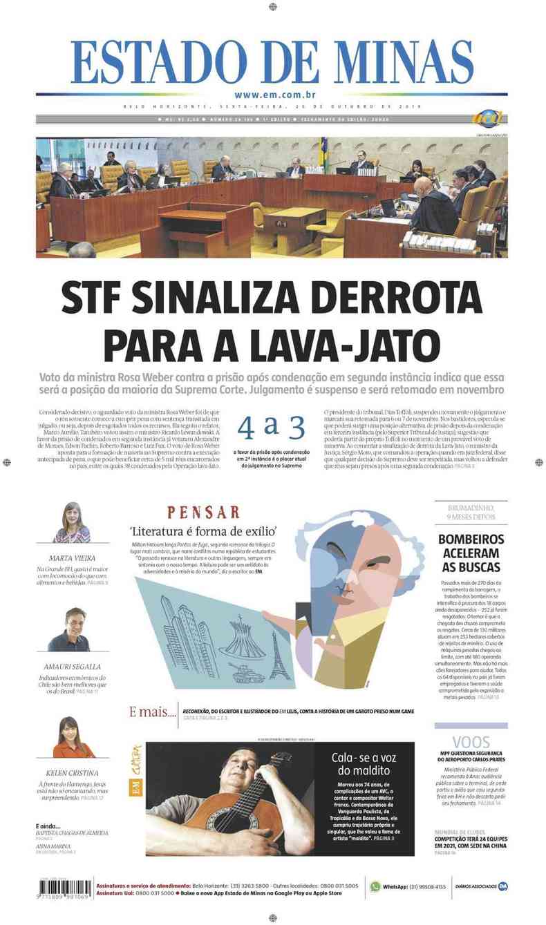 Confira a Capa do Jornal Estado de Minas do dia 25/10/2019(foto: Estado de Minas)