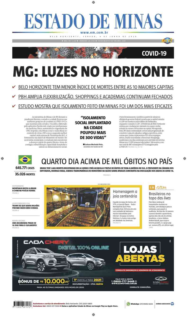 Confira a Capa do Jornal Estado de Minas do dia 06/06/2020(foto: Estado de Minas)