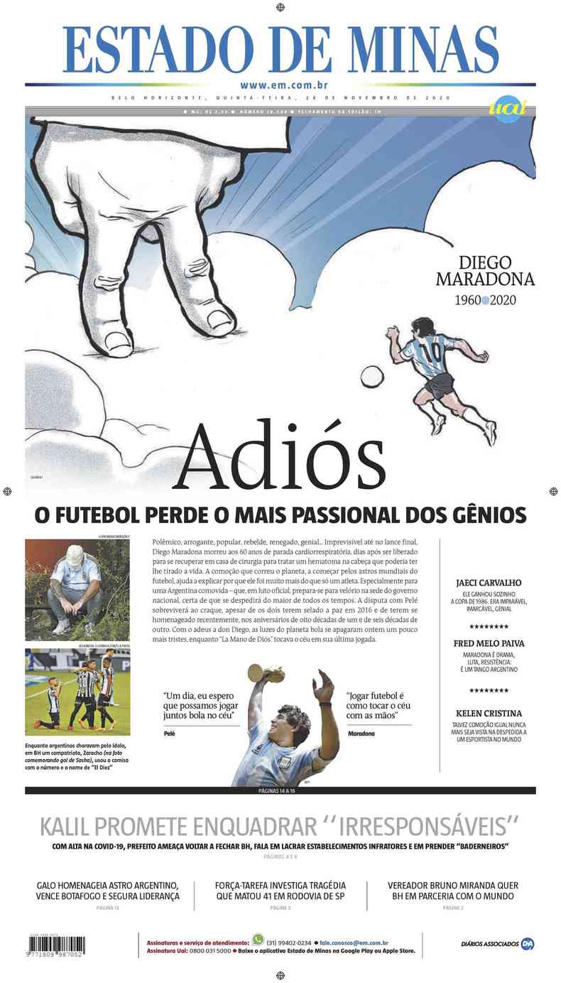 Confira a Capa do Jornal Estado de Minas do dia 26/11/2020(foto: Estado de Minas)