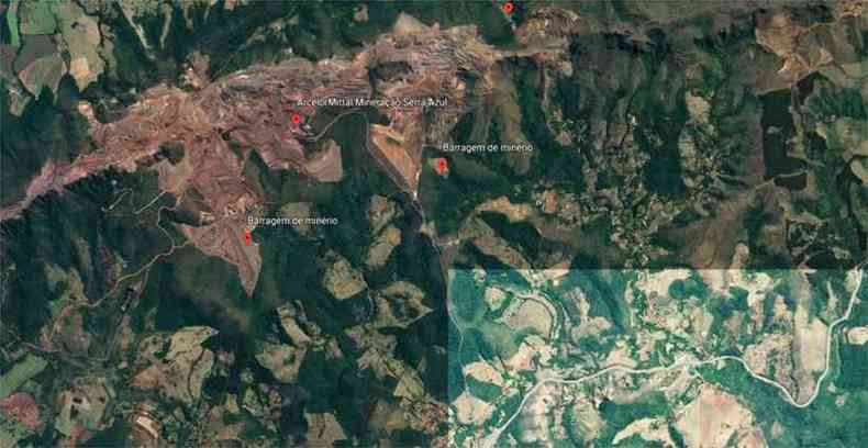 rea mais clara da imagem mostra posio da BR-381 em relao  barragem em Itatiaiuu(foto: Reproduo/Google Earth)