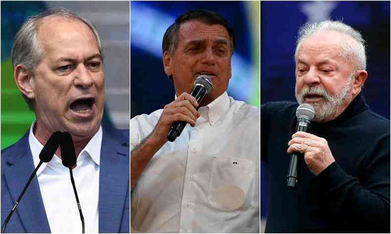 Montagem com Ciro Gomes a esquerda, Bolsonaro no centro e Lula a direita