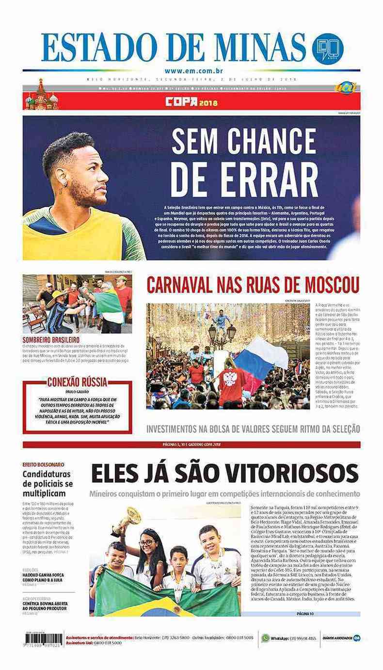 Confira a Capa do Jornal Estado de Minas do dia 02/07/2018