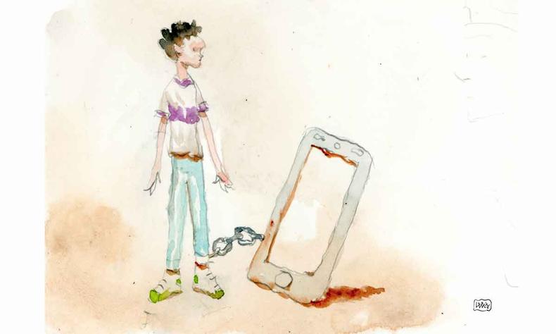 ilustrao mostra garoto com o p acorrentado ao tablet