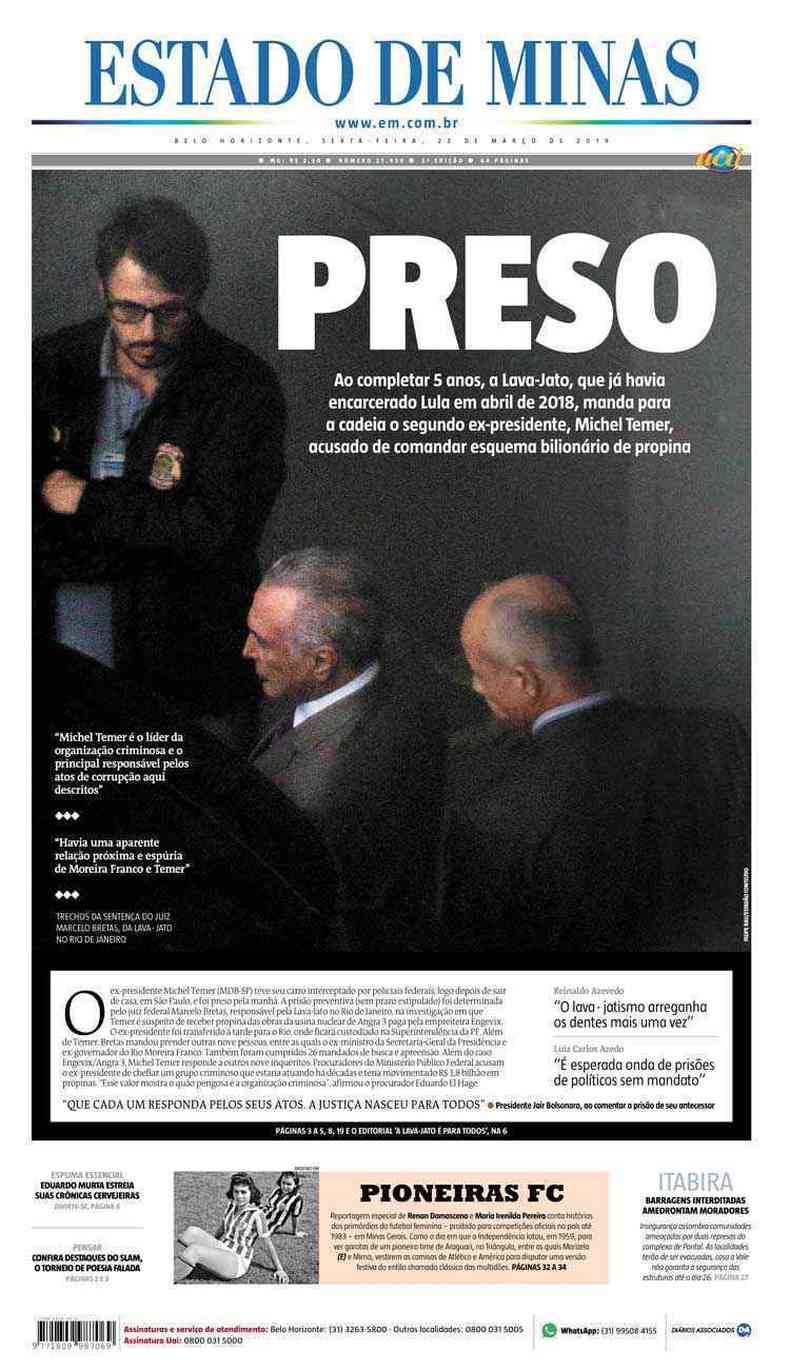 Confira a Capa do Jornal Estado de Minas do dia 22/03/2019(foto: Estado de Minas)