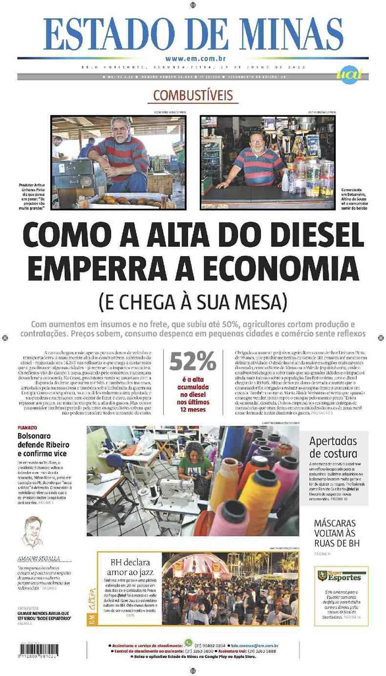 Confira a Capa do Jornal Estado de Minas do dia 27/06/2022