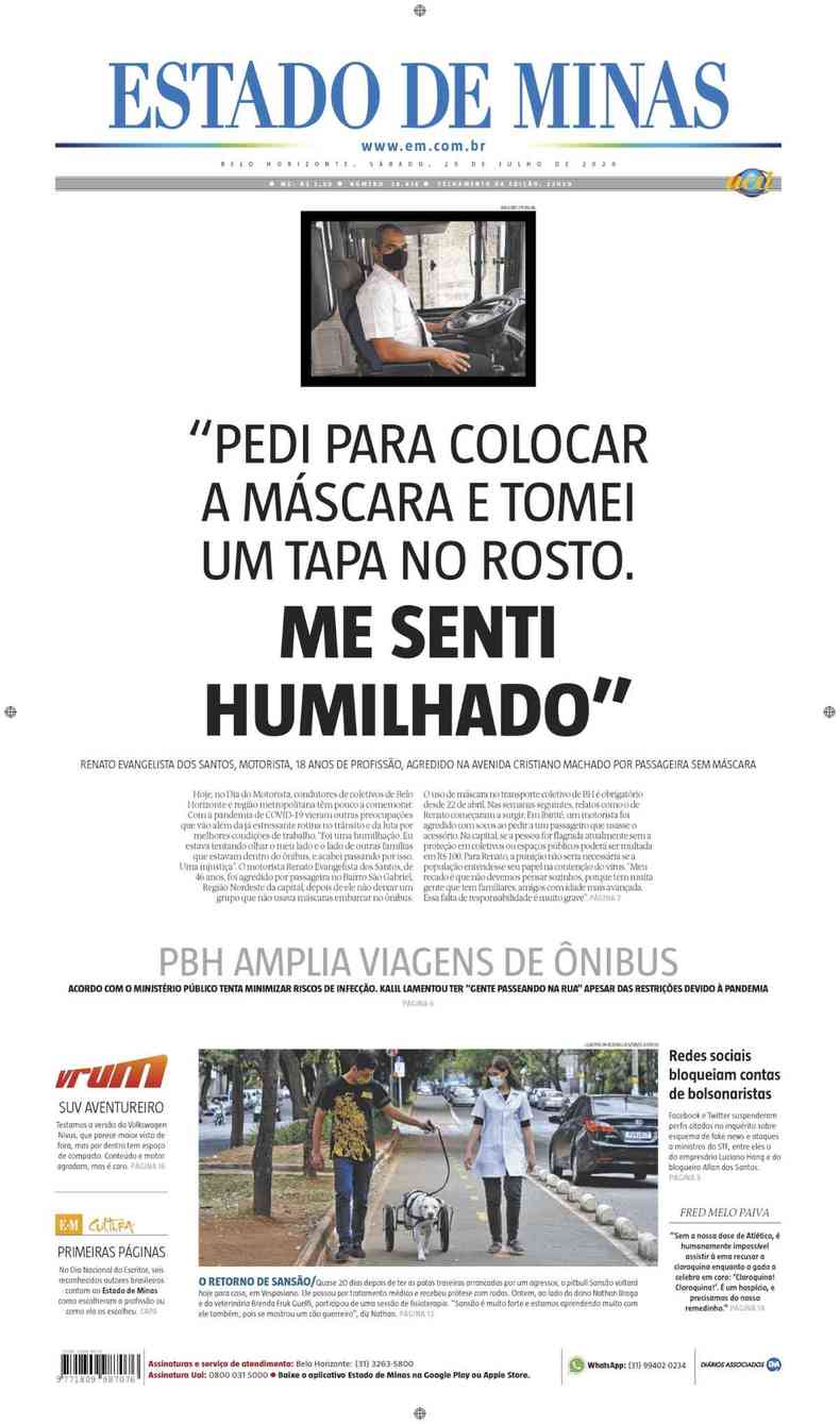 Confira a Capa do Jornal Estado de Minas do dia 25/07/2020(foto: Estado de Minas)