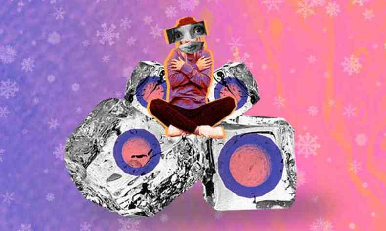 Colagem que mostra uma pessoa sentada aquecendo os braos com as mos em cima de cubos de gelo com desenhos de vulos neles.