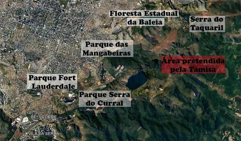 Áreas que formarão o Corredor Ecológico da Serra do Curral e a área pretendida pela Tamisa(foto: Mateus Parreiras/EM/D.A.Press) Mapa com os parques que formarão o Corredor Ecològico da Serra do Curral os parques municipais Fort Lauderdale, Serra do Curral, das Mangabeiras e o Parque Florestal Estadual da Baleia e Serra do Taquaril