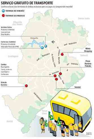 Veja o mapa do servio gratuito de transporte (clique para ampliar)(foto: Arte EM)