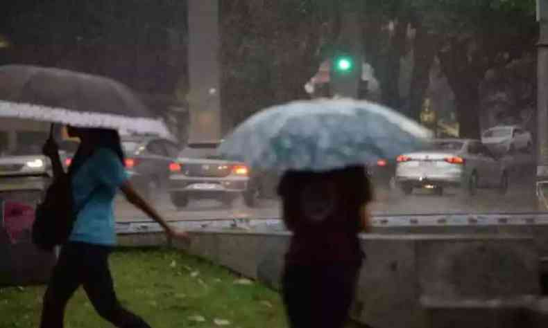 Duas pessoas de guarda-chuva e a gua caindo forte