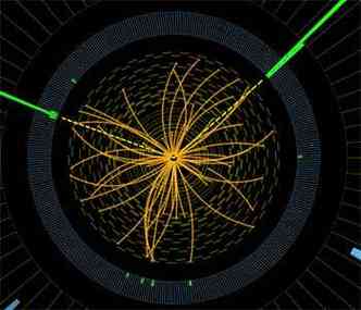Grfico mostra a representao dos vestgios de uma coliso de prtons no Grande Colisor de Hdrons em busca do bson de Higgs(foto: AFP PHOTO)