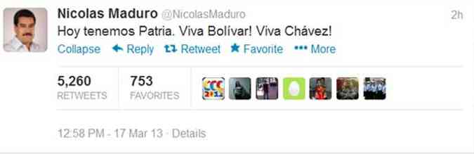 Presidente interino da Venezuela estreou no microblog exaltando Hugo Chvez(foto: Reproduo / Twitter)