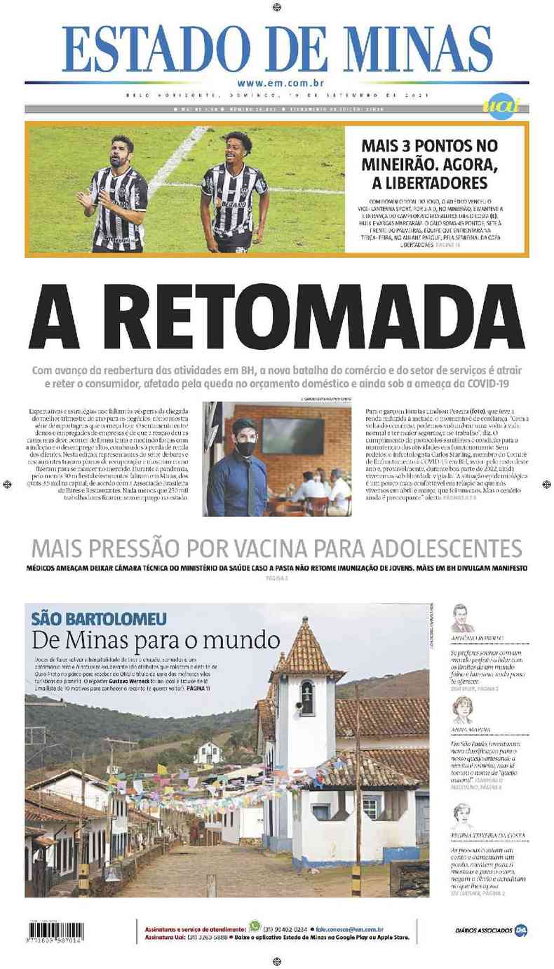 Confira a Capa do Jornal Estado de Minas do dia 19/09/2021