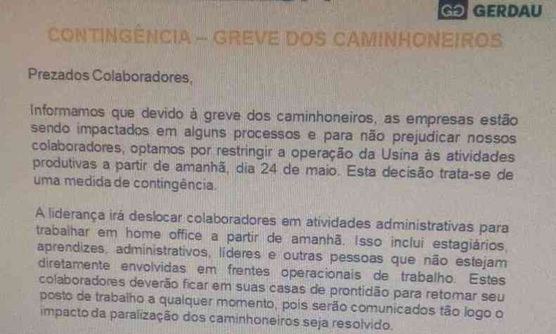 Comunicado foi encaminhado ao e-mail dos funcionrios(foto: Reproduo)