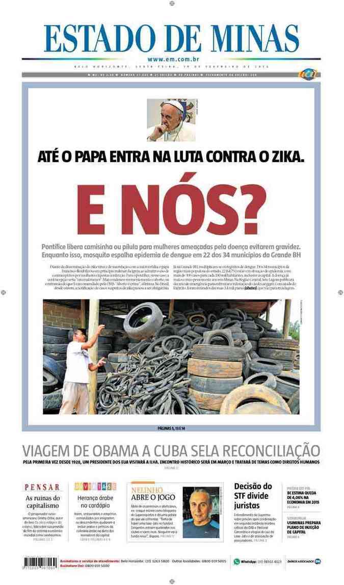 Confira a Capa do Jornal Estado de Minas do dia 19/02/2016