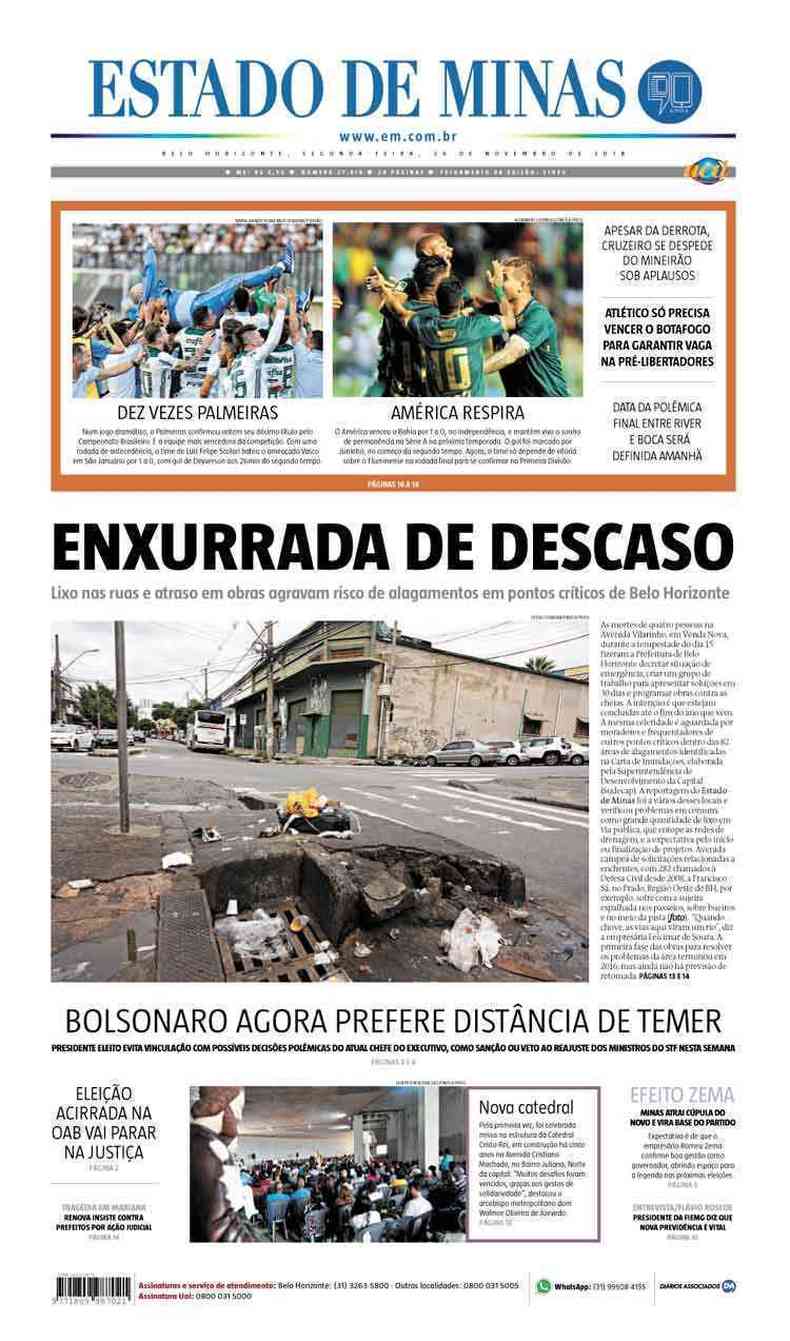 Confira a Capa do Jornal Estado de Minas do dia 26/11/2018(foto: Estado de Minas)
