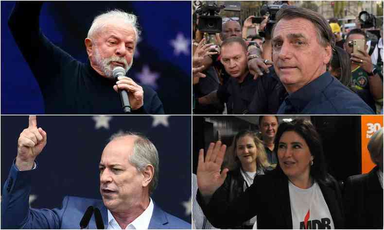 Montagem, Lula a esquerda na parte superior, Bolsonaro a direita na parte superior, Ciro Gomes a esquerda na parte inferior, Simone Tebet na direita na parte inferior