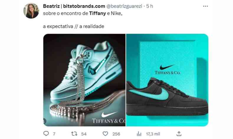tweet de expectativa e realidade do tnis da colaborao entre a Nike e a Tiffany & Co