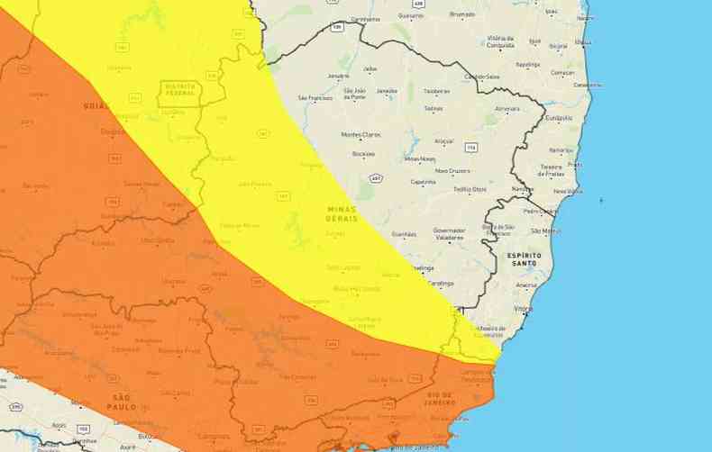 Áreas em laranja são de perigo, enquanto as em amarelo são de risco de fortes chuvas mapa de Minas Gerais