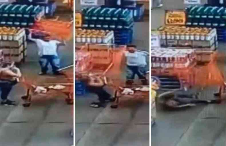 Sequncia de imagens, em trs quadros, que mostra homem arremessando e atingindo mulher como carrinho de compras. 