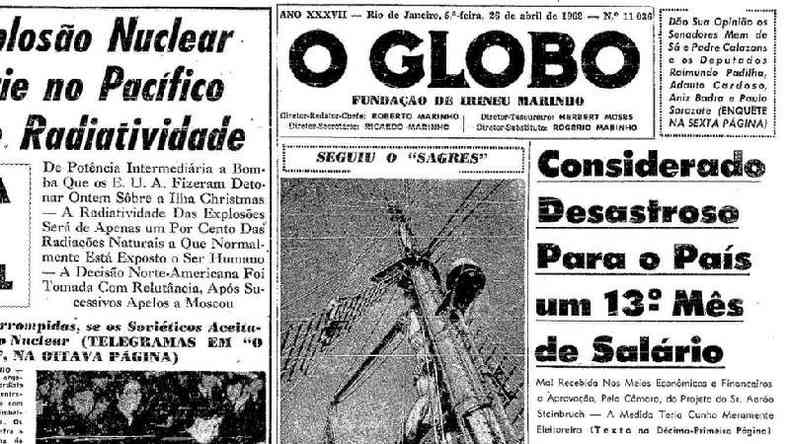 Capa do jornal O Globo em 26 de abril de 1926 com a manchete: 'Considerado desastroso para o pas um 13 ms de salrio'
